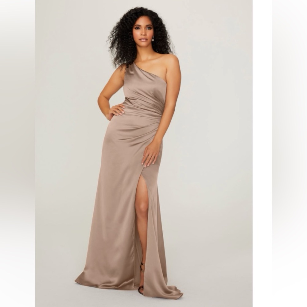 Mori Lee One Shoulder Silky Satin Bridesmaid Dress in Latte